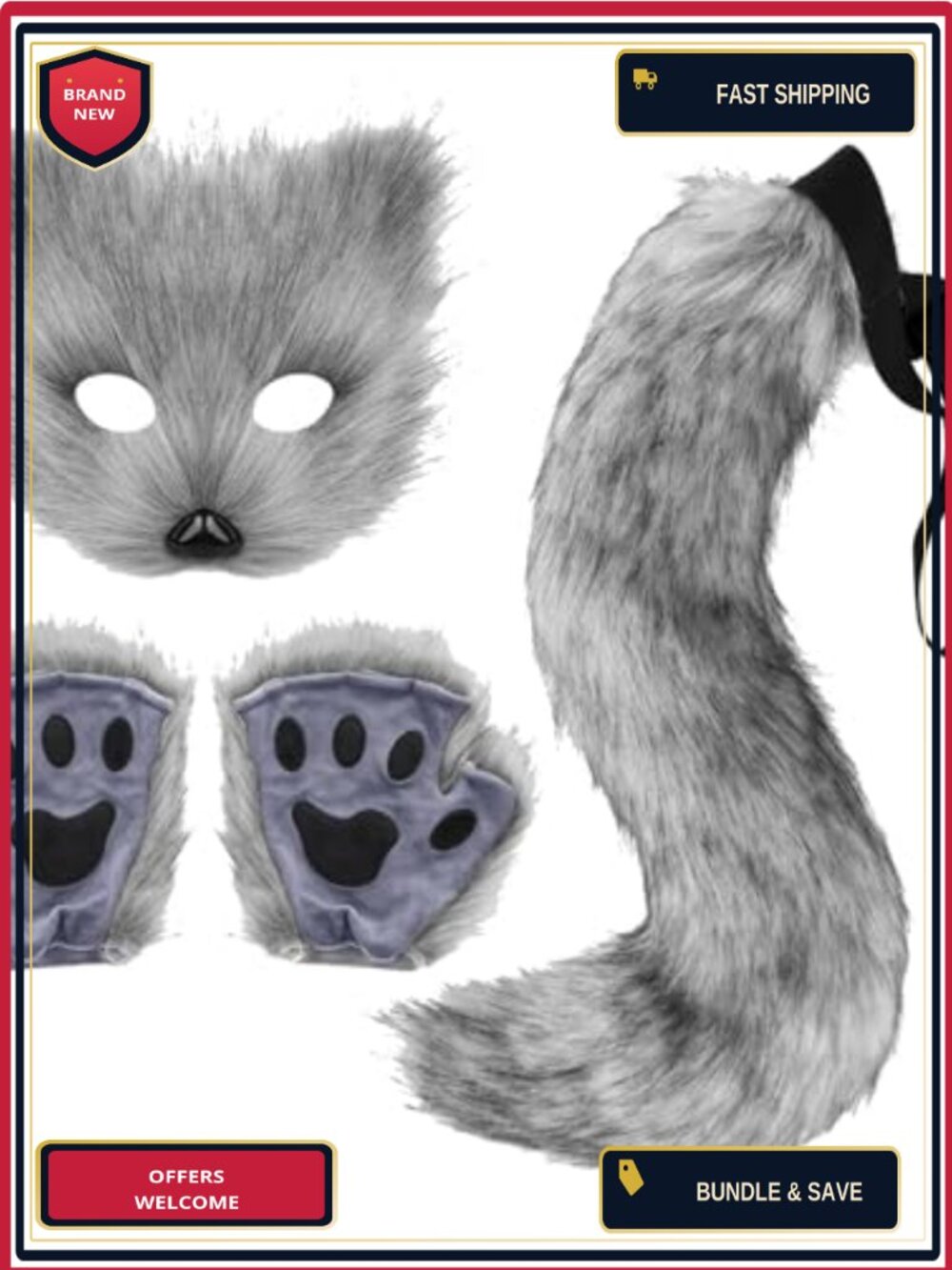 Faux Fur Fox Tail Cat Wolf Cosplay Costume Set Furry Accessory